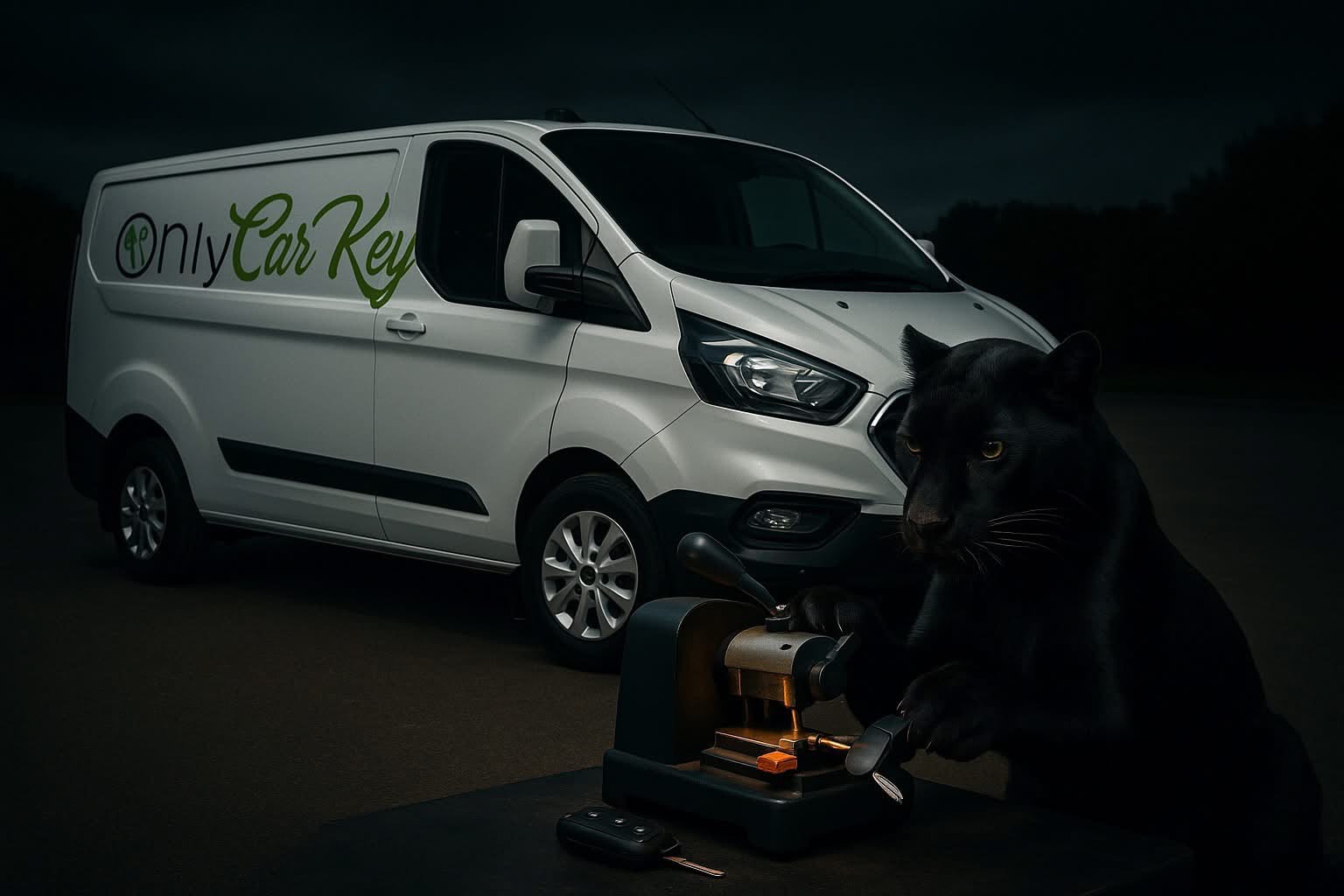 Only Car Key branded white mobile auto locksmith van at night with a key cutting machine and car keys set up beside it